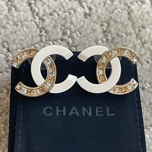 CHANEL Gold White Amber Classic CC Crystal Stud Earrings with Receipt